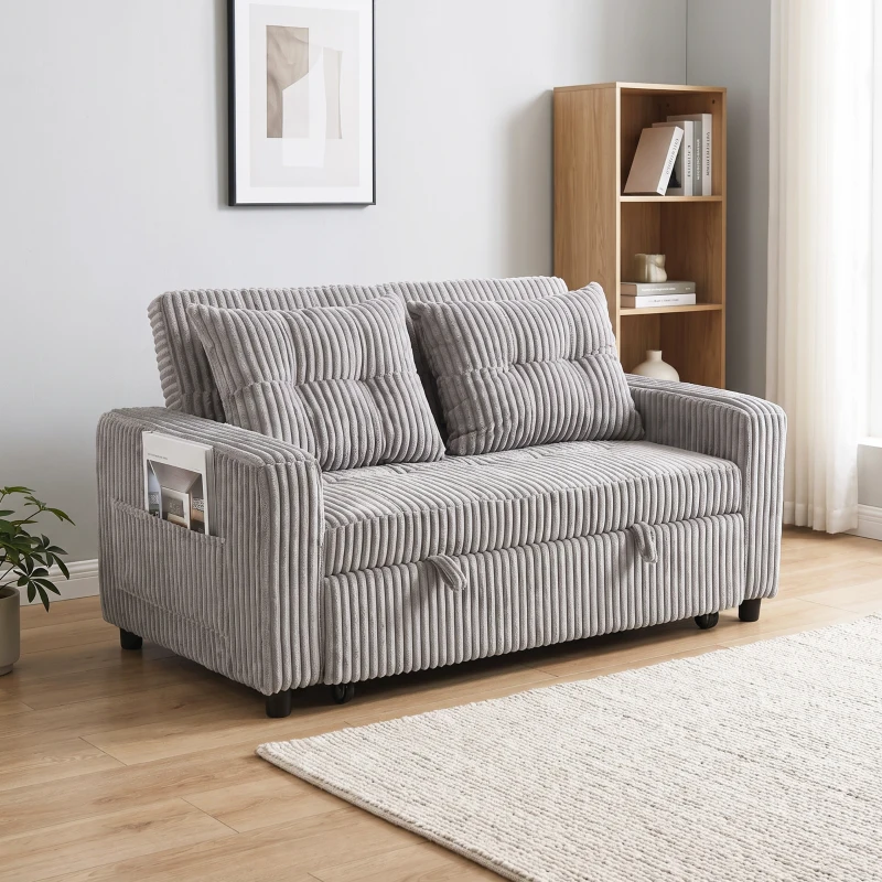 HOMCOM Sofá Cama 2 Plazas Tapizado de Pana Convertible en Cama 2 Cojines Bolsillos Laterales 157x190 cm Gris Claro