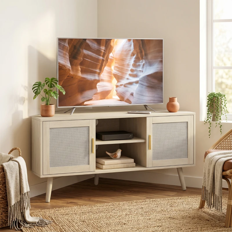 HOMCOM Mueble TV de Esquina 115 cm Mueble para Televisor de hasta 165,1 cm 2 Puertas de Ratán 2 Compartimentos Roble