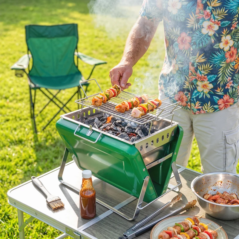 Outsunny Barbecue au charbon bois pliable, barbecue portable, poignée et pieds repliables, pour jardin, terrasse, camping, vert