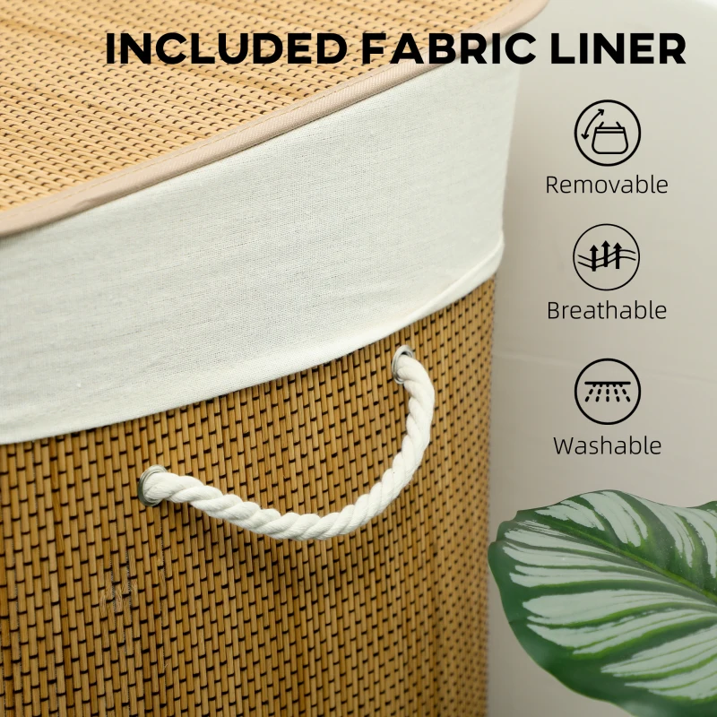 HOMCOM 3 Section Laundry Basket with Lid, 144L Bamboo Laundry Hamper with Handles, Removable and Washable Liner, Brown