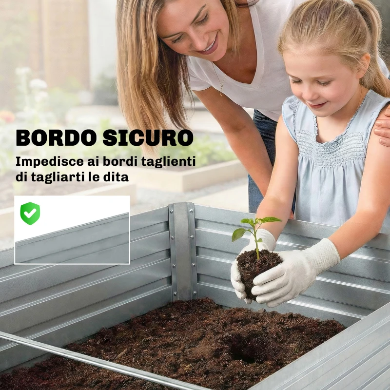 Outsunny Set di 2 Aiuole Rialzate in Metallo Galvanizzato con Bordo Sicuro, Fioriera Elevata per Verdure, Argento