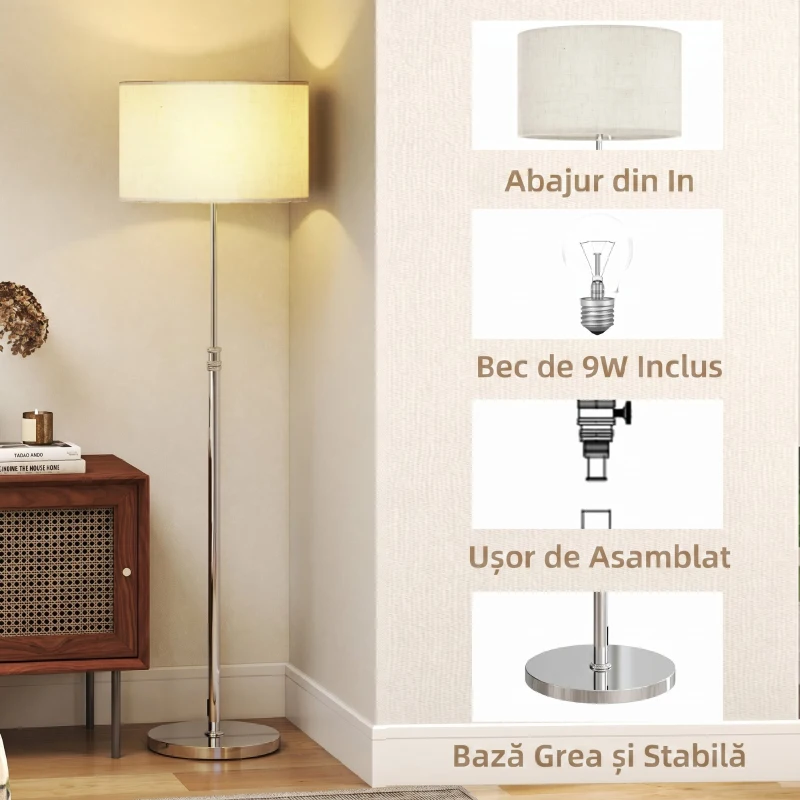 HOMCOM Lampă de Podea cu Telecomandă și Luminozitate Reglabilă 3000k-6000k, cu Abajur Textil, Argintie