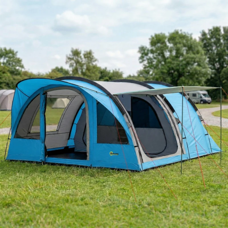 Outsunny Grande Tente Tunnel Camping 4 Personnes 3-4 Saisons Hauteur d'Homme 2 m Séjour XL 3,7 m Imperméable 3000mm Bleu