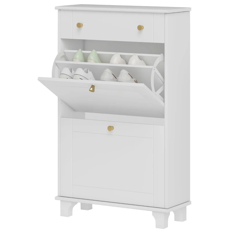 HOMCOM Scarpiera Salvaspazio Slim con 2 Ante a Ribalta, Scarpiera Ingresso con Ripiani Regolabili, Cassetto, Base Rialzata, Bianco