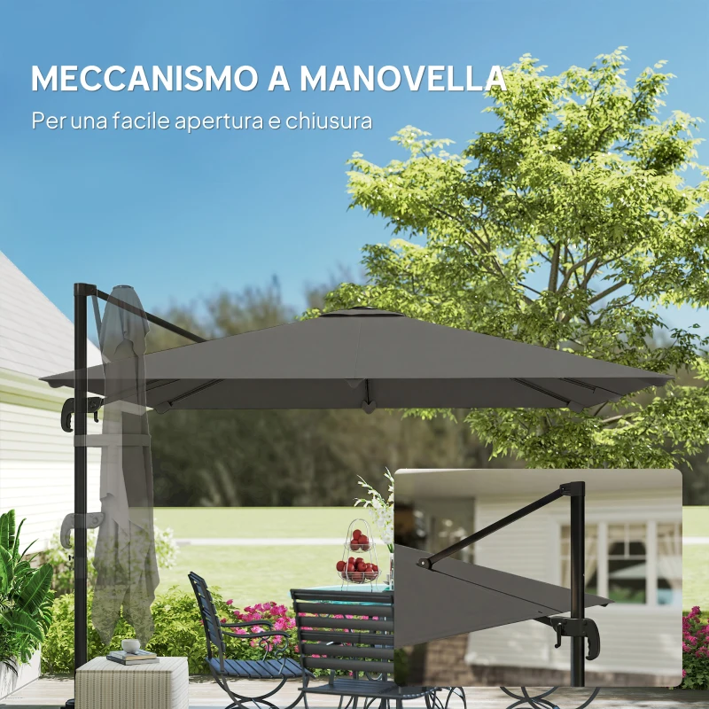 Outsunny Ombrellone a Sbalzo Inclinabile 3x3 m con Base a Croce e Manovella, in Poliestere Grigio Scuro