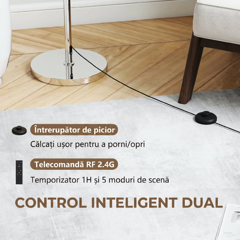 HOMCOM Lampă de Podea cu Telecomandă și Luminozitate Reglabilă 3000k-6000k, cu Abajur Textil, Argintie