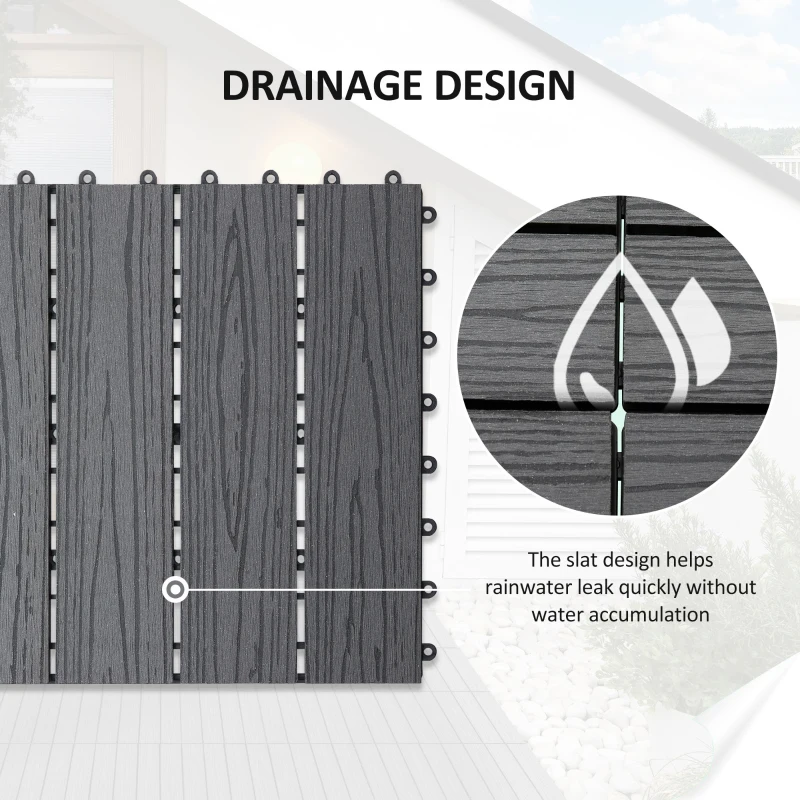 Outsunny WPC Interlocking Decking Tiles, Pack of 11 Interlocking Patio Paving Slabs, 30 x 30 x 2.2 cm, Grey