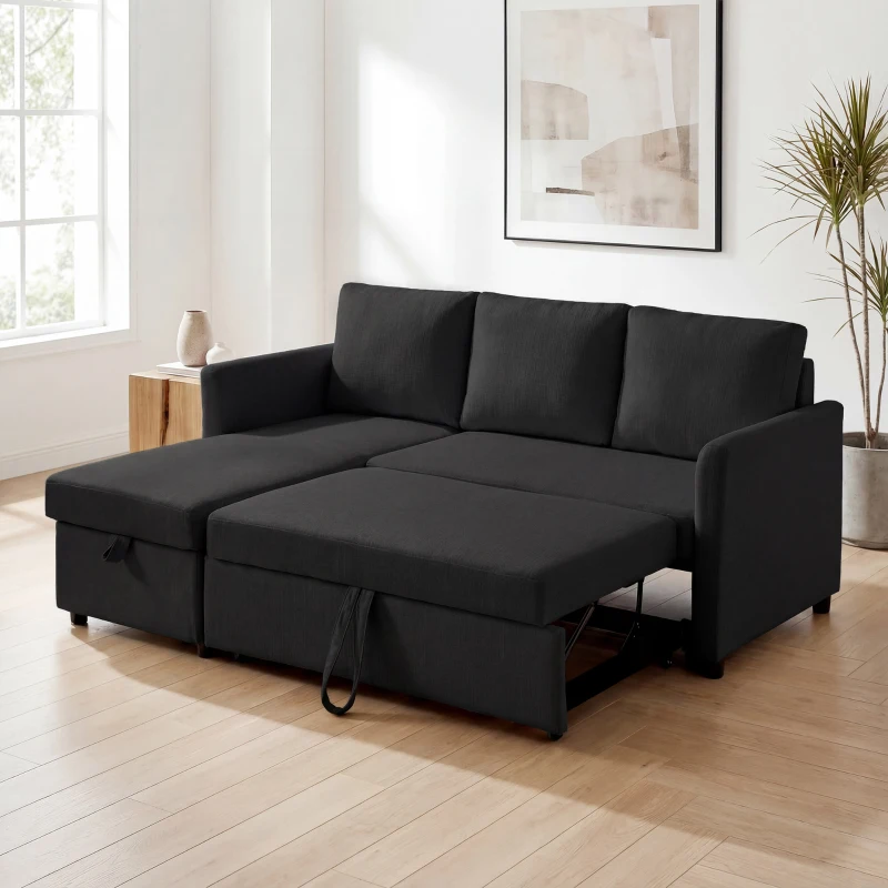 HOMCOM Eck-Schlafsofa, 3-Sitzer 192 cm mit seitenverstellbarer Ottomane, Verstecktem Stauraum, Anthrazitgrau