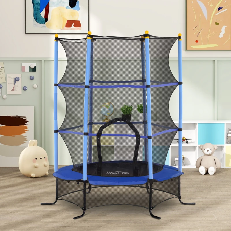 HOMCOM Trampoline Enfant Ø 1,63 × 1,9H m Filet de sécurité Porte zipée Couvre-Ressorts 6 poteaux rembourrés Inclus Bleu