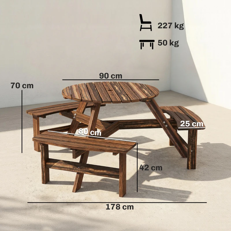Outsunny Wooden Garden Dining Set, 6 Seater Round Dining Picnic Table with Matching Bench, Garden Furniture Set with Parasol Hole for Outdoor Patio Party and Family Gatherings, Carbonized