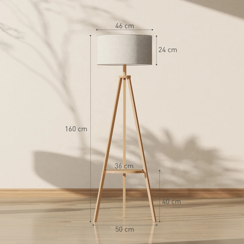 HOMCOM Bedside Light, Tripod Floor Lamp with Storage Shelf and Linen Shade for Living Room, 160cm, Natural Wood Colour