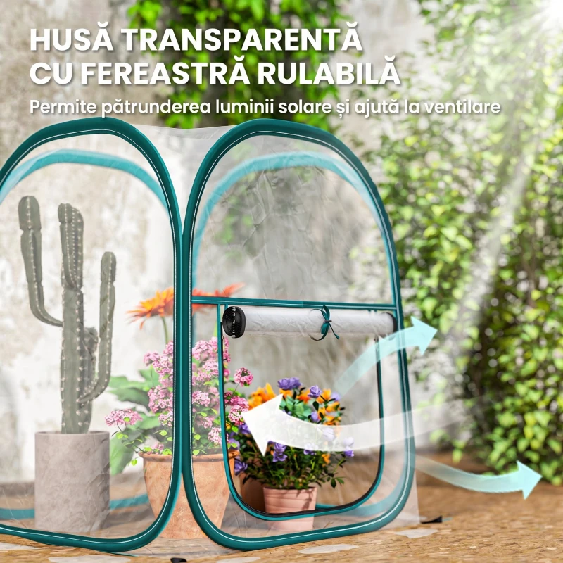 Outsunny Mini Seră Pop-Up cu Acoperire din Plastic, Fereastră Rulabilă și Geantă, 70x70x80 cm, Transparentă