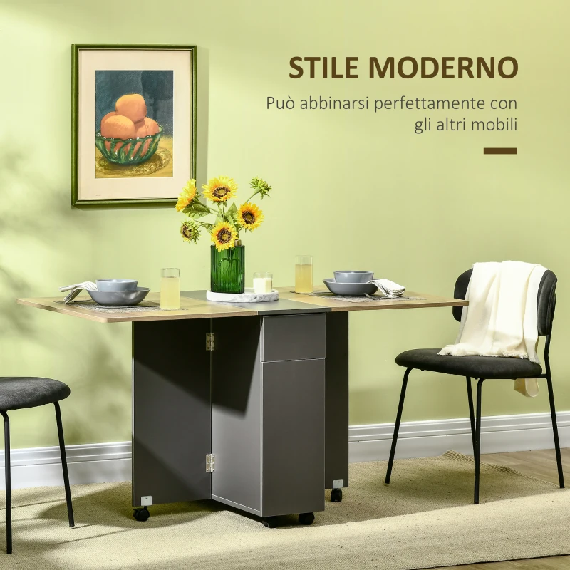 HOMCOM Tavolo Pieghevole da Pranzo in Truciolato con 2 Cassetti, 1 Armadietto, max. 6 Persone, 140x76x76 cm