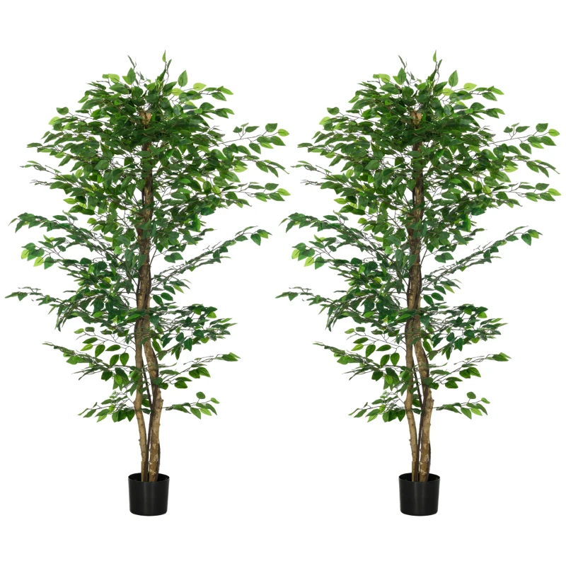 HOMCOM Pack de 2 Plantas Artificiales con Troncos Naturales 180 cm Ficus Sintética con 1260 Hojas Decoración para Hogar Verde