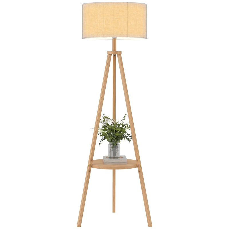 HOMCOM Bedside Light, Tripod Floor Lamp with Storage Shelf and Linen Shade for Living Room, 160cm, Natural Wood Colour