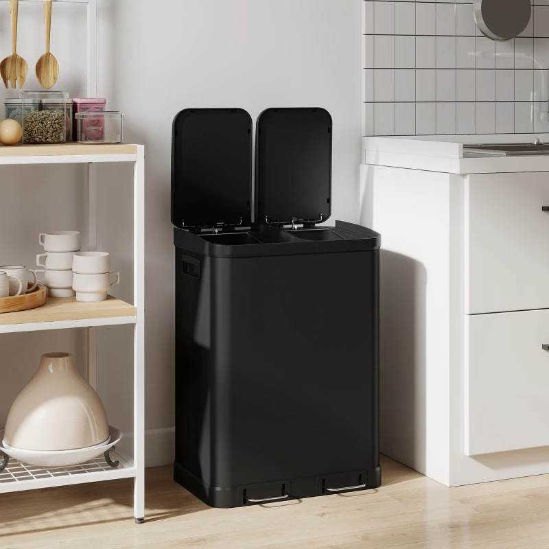 HOMCOM Küchenmülleimer mit Doppelkammer 2 x 30 l mit Pedal aus Edelstahl, Soft-Close-Deckel, Schwarz