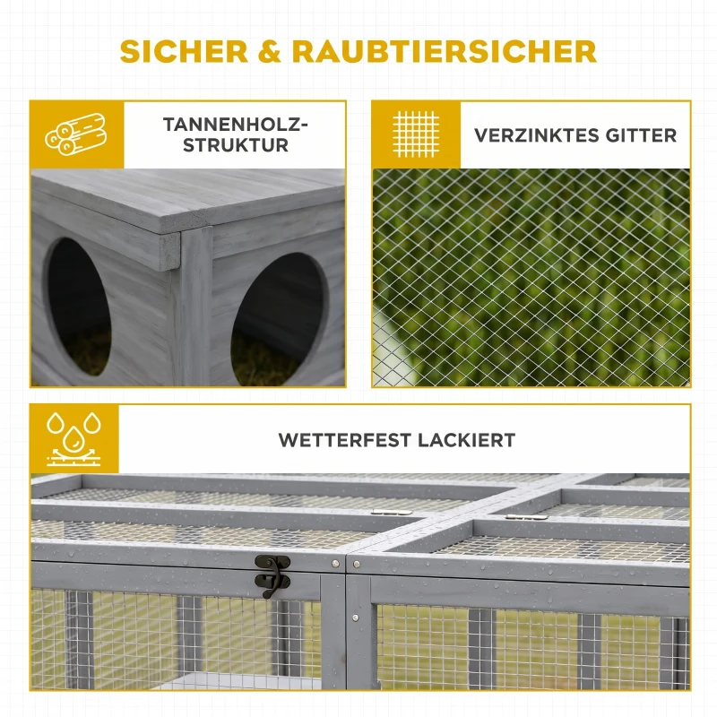 PawHut Freilaufgehege Kaninchenstall aus Holz mit 2 Türen Unterschlupfhaus für 2-4 Zwergkaninchen 180,4 x 150 x 48 cm Grau