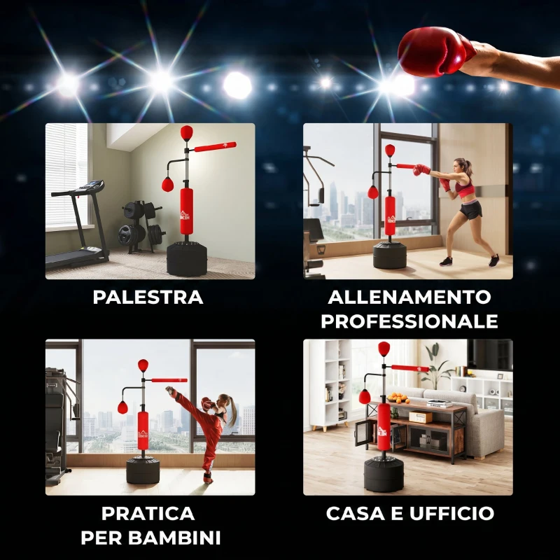 HOMCOM Sacco Boxe da Terra 4 in 1 con 2 Speedball, Barra Girevole e Sacco, Altezza Regolabile da 160-230cm, Rosso