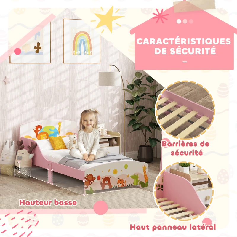AIYAPLAY Lit Enfant 70x140 cm motif animal 140 x 70 cm avec sommier à lattes en bois design bas sécurisé rose