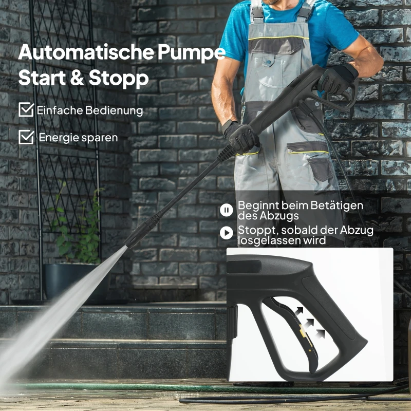 Outsunny Hochdruckreiniger mit Aluminiumpumpe 135 bar Maximaldruck 1800W Leistung 540 L/h 5m Schlauch verstellbare Düse & Griffe