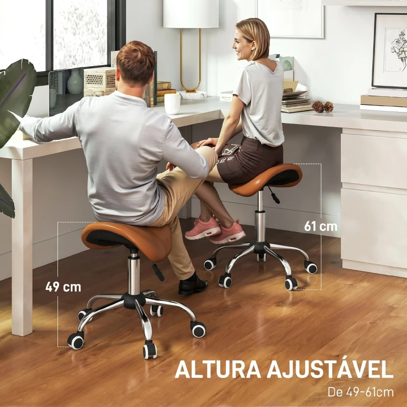 HOMCOM Banco Giratório com Rodas e Altura Ajustável para Estética, Dentista e Cabeleireiro – 52x53x49-61 cm, Castanho