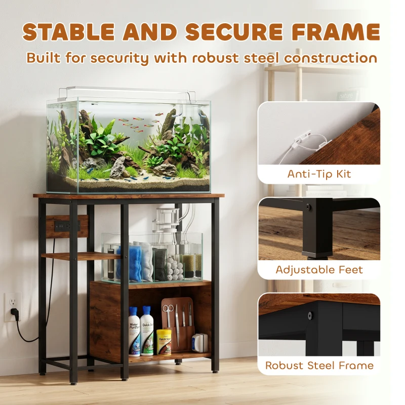 PawHut Fish Tank Stand with Power Outlets Aquarium Stand with Cabinet 20-29 Gallon Tanks Tiger Wood Grain