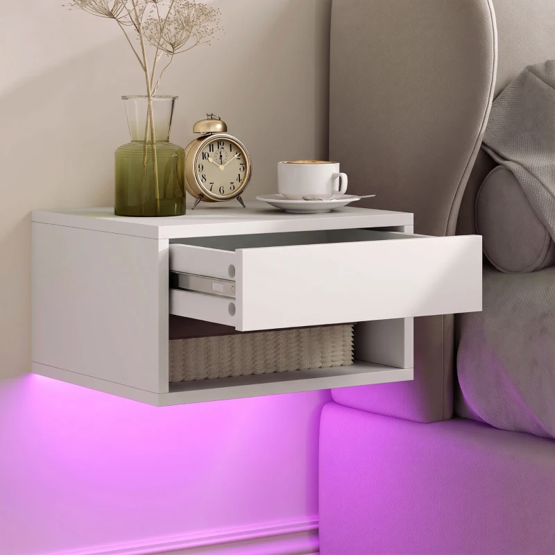 HOMCOM Nachttisch 2er-Set mit RGB-LED-Beleuchtung, schwebender Nachtschrank mit Schublade und offenem Fach, Weiß