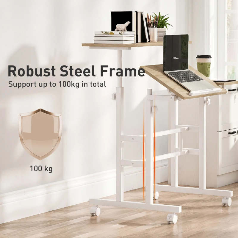 HOMCOM Bureau assis debout bureau réglable en hauteur 70 x 60 cm à roulettes avec plateau inclinable cadre en métal marron