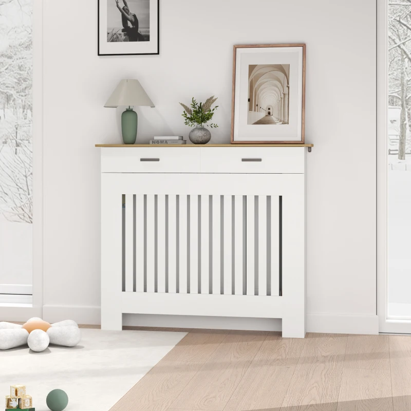 HOMCOM Copritermosifone a Doghe Antiribaltamento con Cassetto Portaoggetti, in Legno, 112x19x97 cm, Bianco