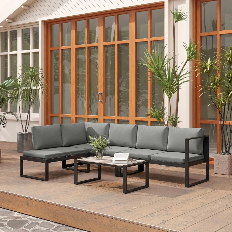 Outsunny Salon de Jardin Extérieur d'Angle 5 Personnes avec 2 Canapés, Chaise Sans Accoudoirs, Table Basse, Gris Foncé