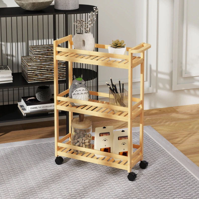 HOMCOM Carrinho de Cozinha Estreito de 3 Níveis com Rodas e Pega para Sala, Casa de Banho, Espaços Pequenos 55x20x75 cm Natural
