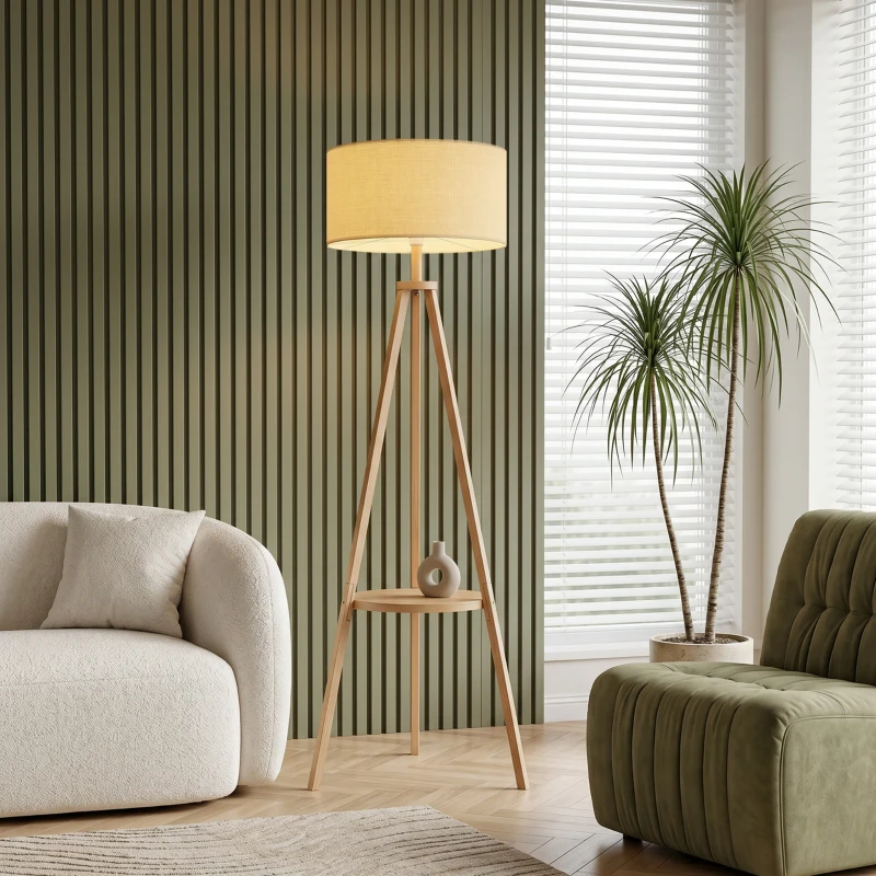 HOMCOM Bedside Light, Tripod Floor Lamp with Storage Shelf and Linen Shade for Living Room, 160cm, Natural Wood Colour