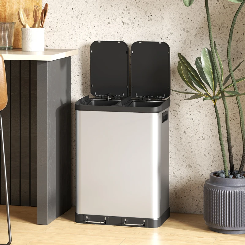 HOMCOM Küchenmülleimer mit Doppelkammer 2 x 30 l, Treteimer aus Edelstahl, Soft-Close-Deckel, Silber