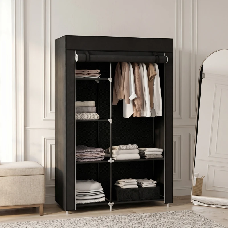 HOMCOM Armadio Guardaroba Portatile in Tessuto con 6 Ripiani Aperti e un Appendino, 103x43x162.5 cm, Nero