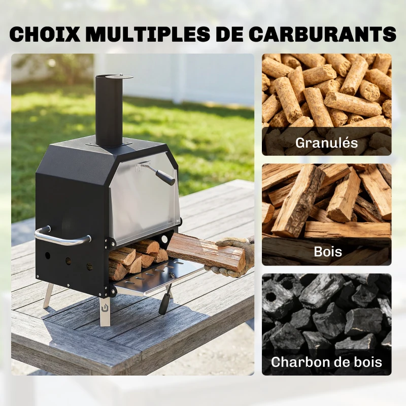 Outsunny Four à Pizza Extérieur à Bois et Charbon 2 Étages Combiné Barbecue Fumoir Pierre de 30 cm et Pelle Portable Noir
