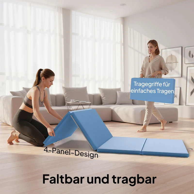 HOMCOM Trainingsmat, opvouwbare fitnessmat sportmat met handgrepen voor yoga, MMA, fitness, pilates 240 x 120 x 5 cm lichtblauw
