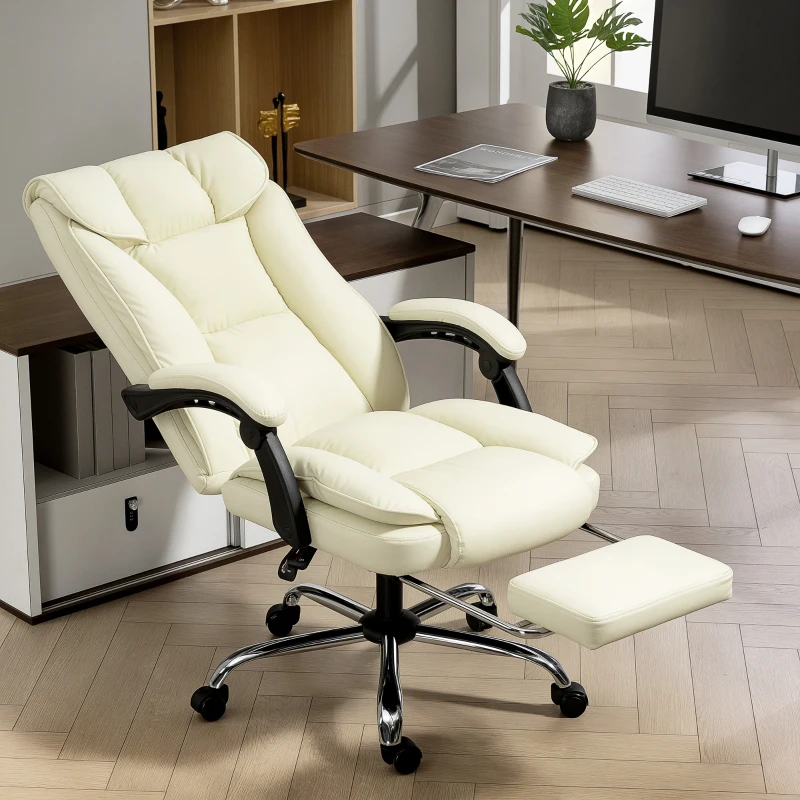HOMCOM Ergonomischer Bürostuhl mit Fußstütze, Kunstleder-Bezug, rollbar, drehbar, Metall, Beige+Schwarz