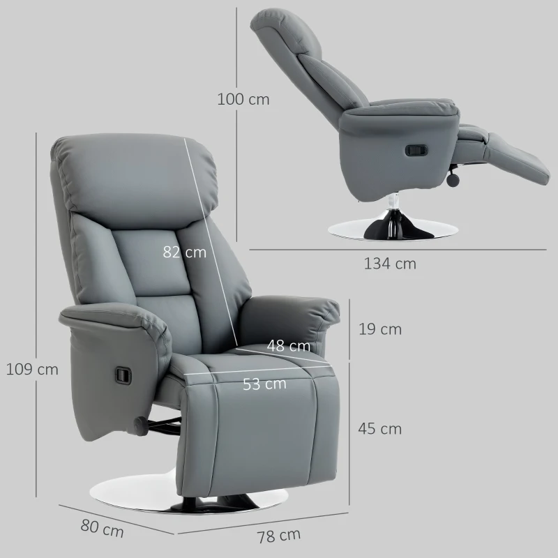 HOMCOM Poltrona Relax Girevole Reclinabile 130° con Poggiapiedi, Braccioli Svasati, in Finta Pelle, Grigio