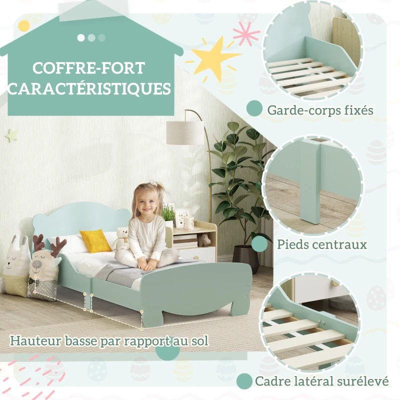 AIYAPLAY Lit enfant 70x140 cm avec barrières de sécurité thème d'ours pour garçons, filles, âgés de 3 à 6 ans, vert