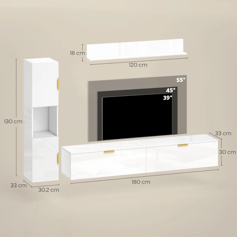 HOMCOM Schwebendes TV-Board mit Klapptüren Entertainment-Center Wandregal Schrank 180 cm Hochglanz Weiß