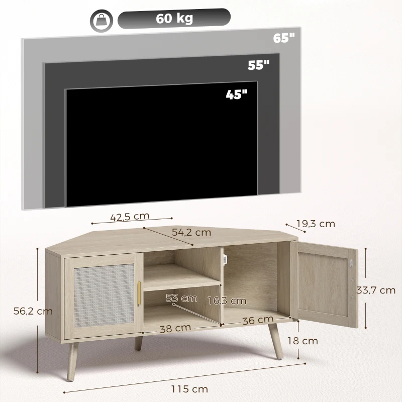 HOMCOM Mueble TV de Esquina 115 cm Mueble para Televisor de hasta 165,1 cm 2 Puertas de Ratán 2 Compartimentos Roble