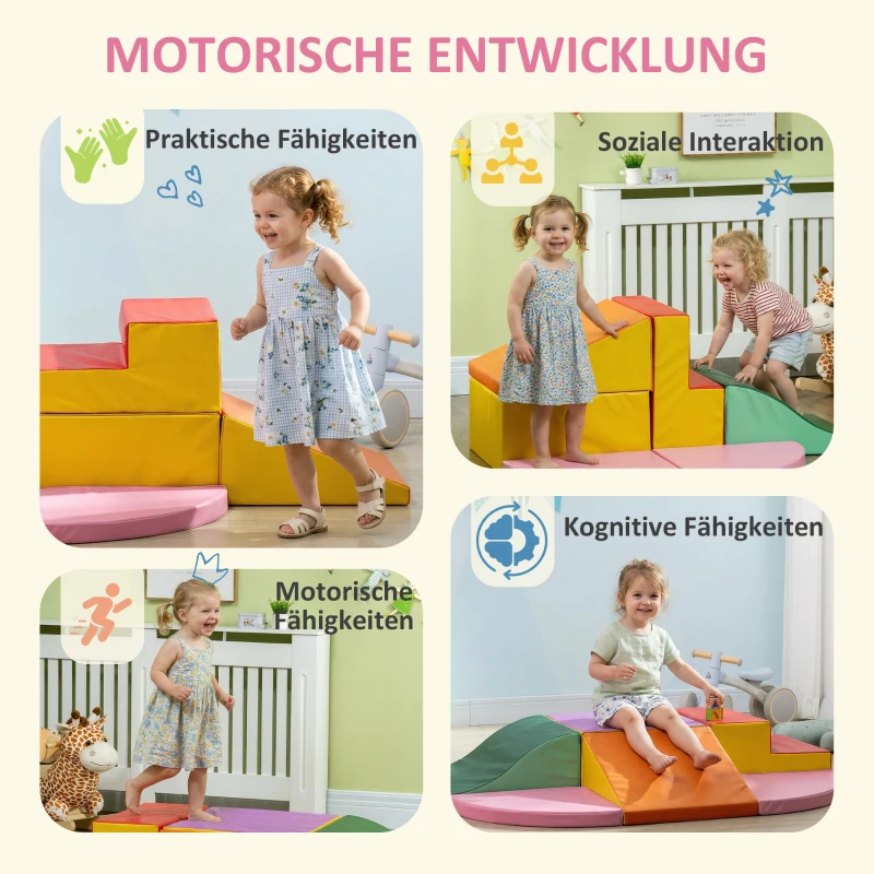 HOMCOM Schaumstoff Bausteine 6-tlg. Softbausteine Modulare Kinder Bausteinset mit Kunstleder-Optik für Kinder 1-3 Jahre Bunt