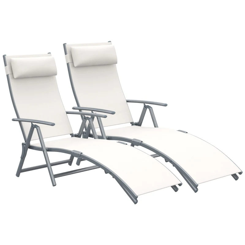 Outsunny Set de 2 Tumbonas de Jardín Plegables con Respaldo Ajustable Almohada y Reposabrazos 137x63,5x100,5 cm Beige