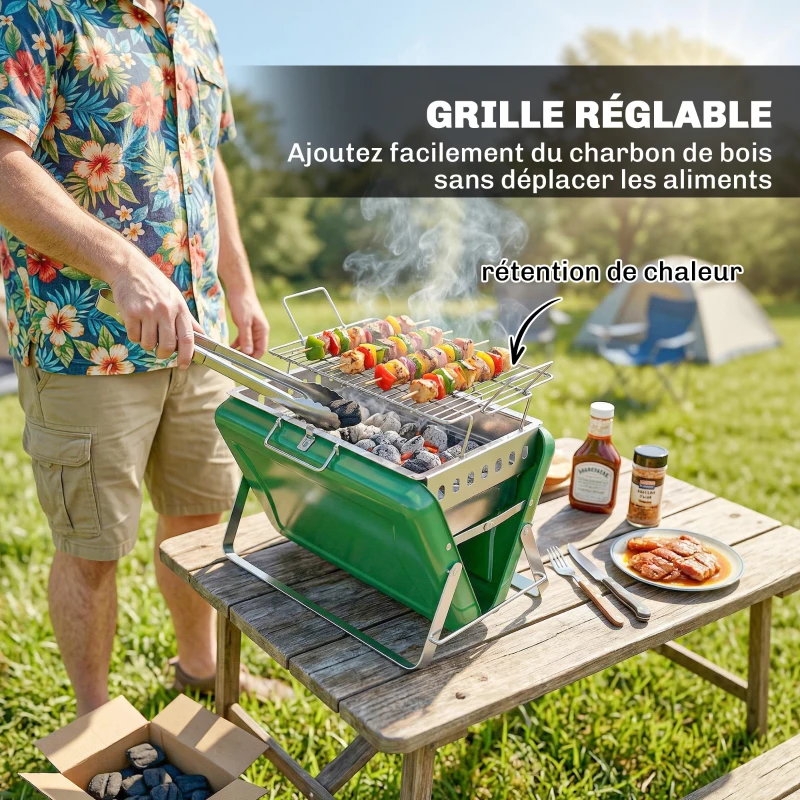 Outsunny Barbecue au charbon bois pliable, barbecue portable, poignée et pieds repliables, pour jardin, terrasse, camping, vert