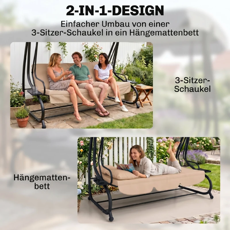 Outsunny Schommelbank, 3-zits Hollywoodschommel, Tuinschommel met Drankhouders, Staal, 200 x 120 x 164 cm, Bruin