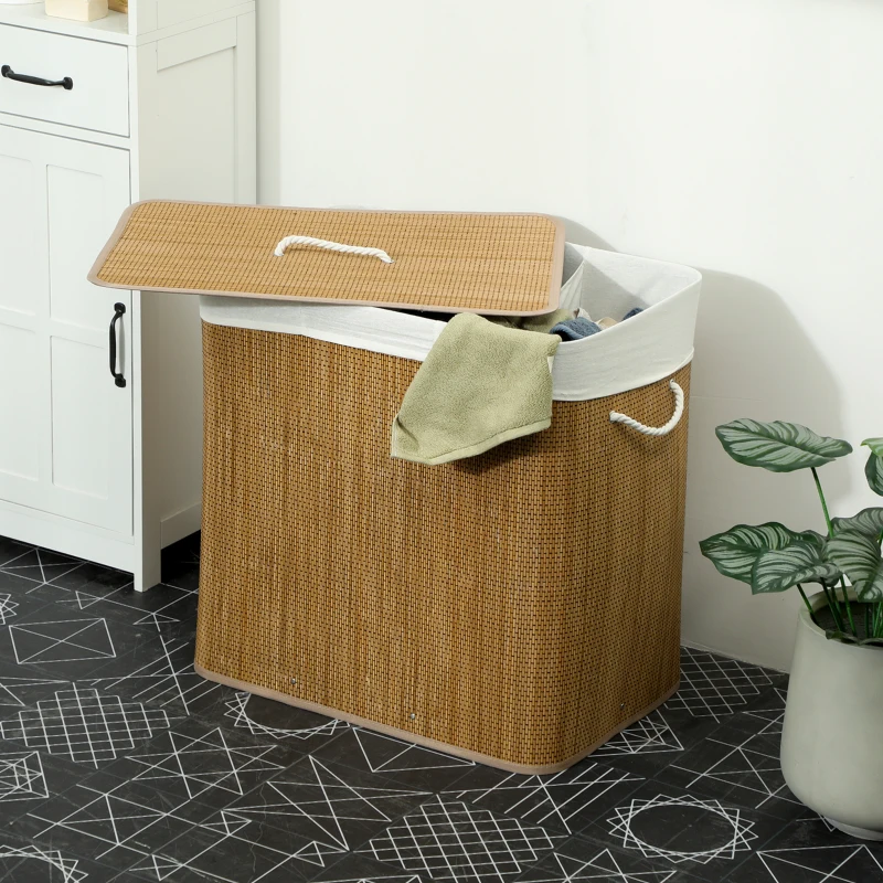 HOMCOM 3 Section Laundry Basket with Lid, 144L Bamboo Laundry Hamper with Handles, Removable and Washable Liner, Brown
