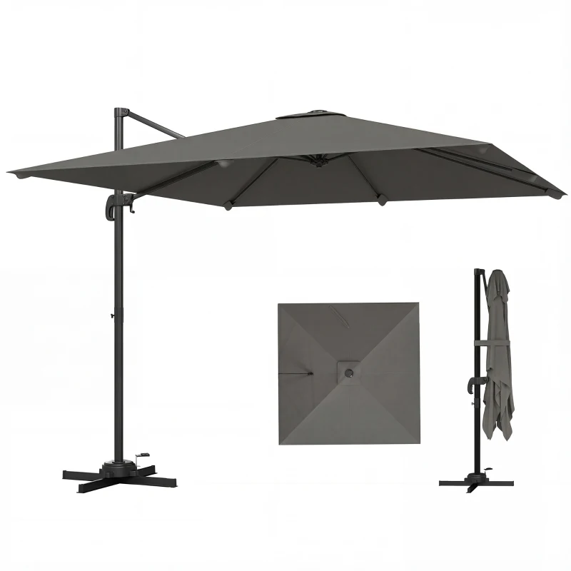 Outsunny Ombrellone a Sbalzo Inclinabile 3x3 m con Base a Croce e Manovella, in Poliestere Grigio Scuro