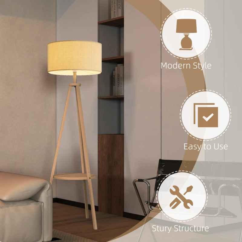 HOMCOM Bedside Light, Tripod Floor Lamp with Storage Shelf and Linen Shade for Living Room, 160cm, Natural Wood Colour