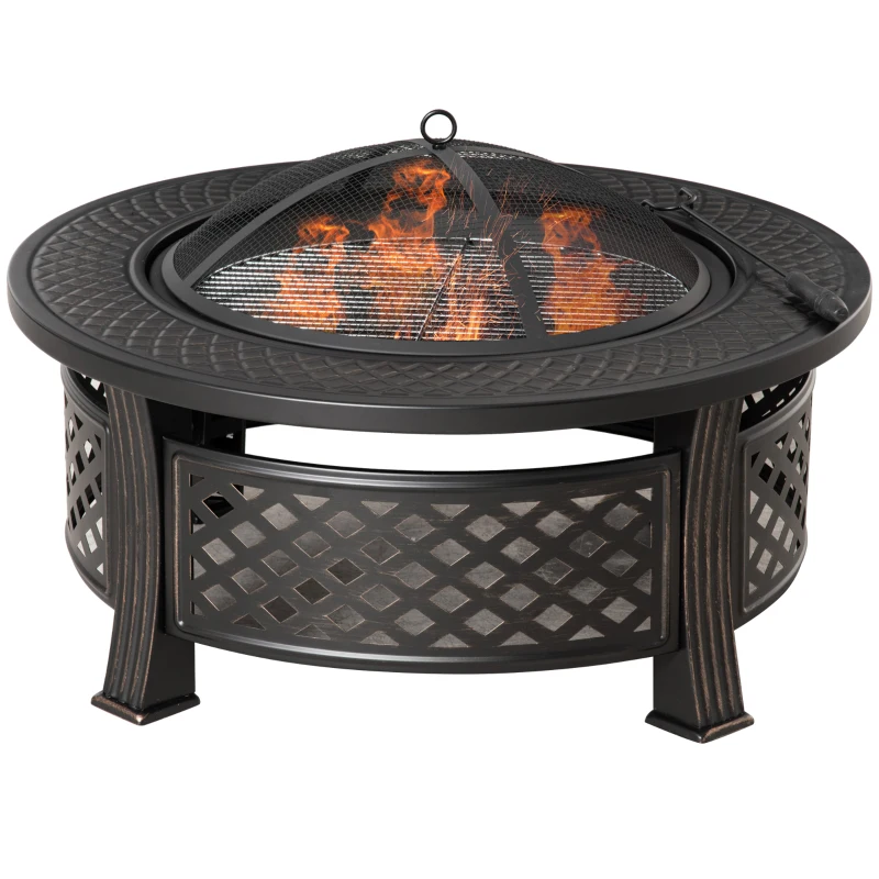 Outsunny vuurschaal met pook vonkenbescherming vuurkorf vuurtafel ronde vuurkorf voor in de tuin camping BBQ staal zwart 81 x 81 x 50 cm