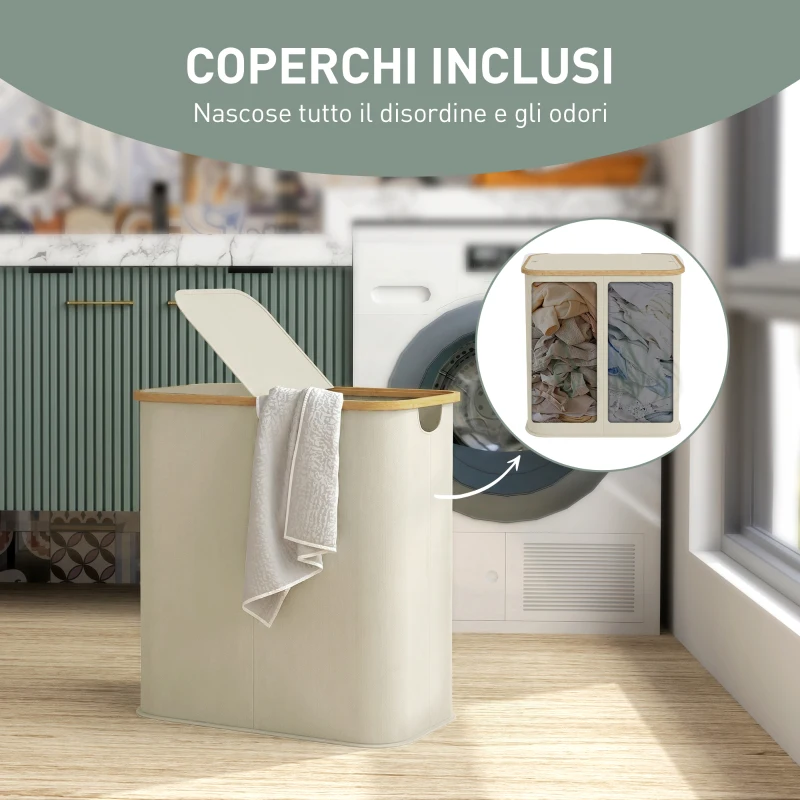 HOMCOM Cesto Portabiancheria da 80L a 2 Sezioni con Coperchio, in Tessuto non Tessuto e Bambù, 54x34x58.5 cm, Beige